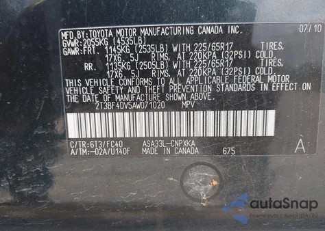 2010 Toyota Rav4 z USA, uszkodzony, nr VIN 2T3BF4DV5AW071020